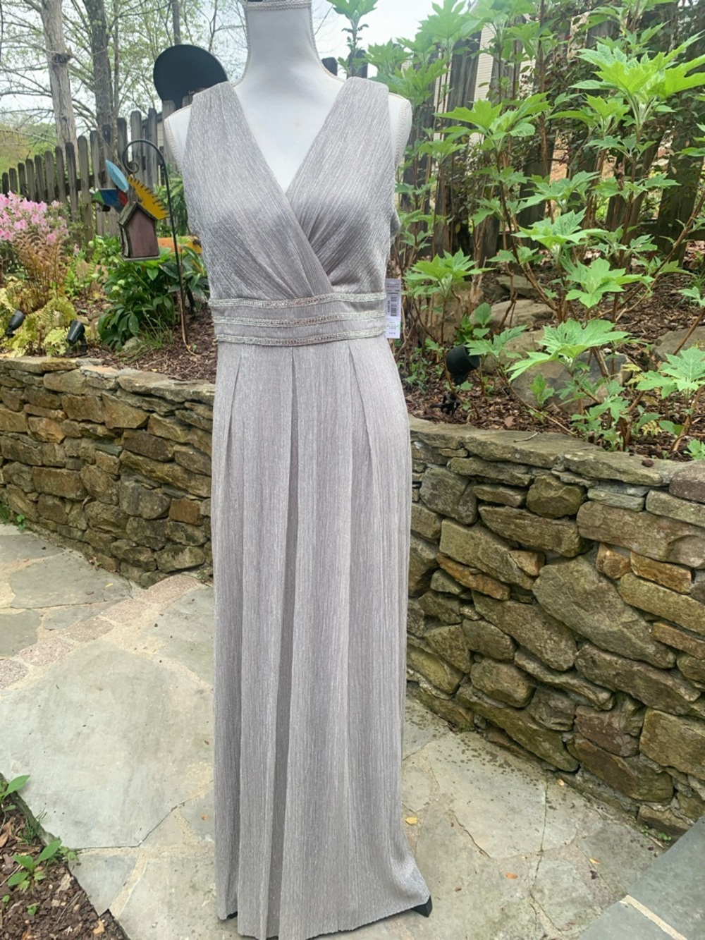 R&M Richards Silver Metallic V-Neck Pleated Maxi Dress